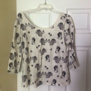Anthropologie Cream Squirrel Print Long Sleeve Top